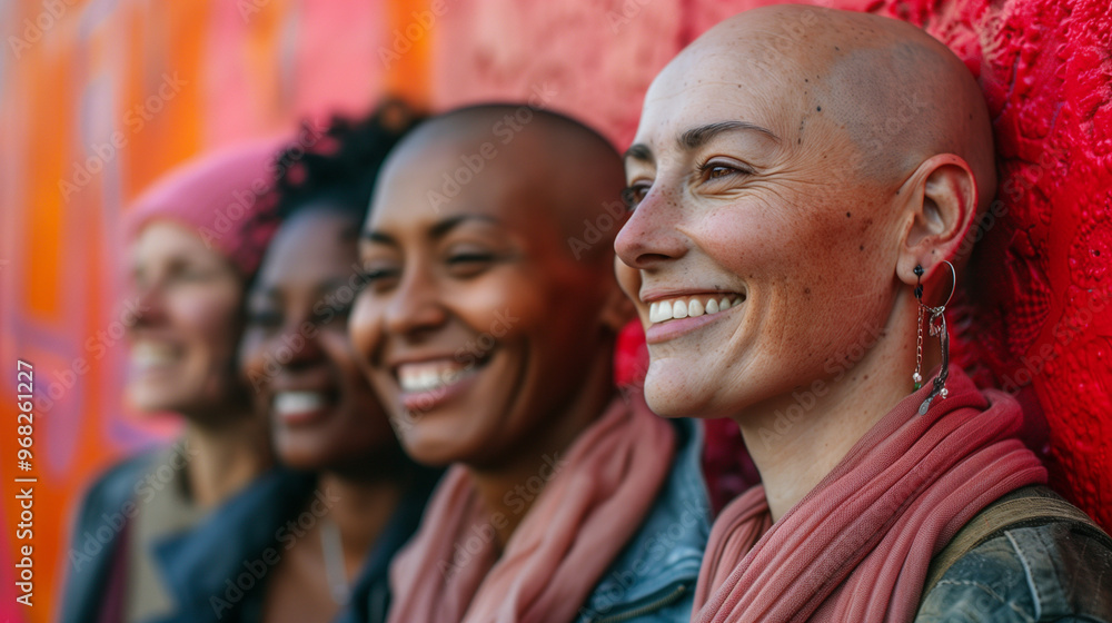 Fototapeta premium Side profile portrait of diverse cancer survivors of varying skin tones and ethnicities proudly showing their bald heads, celebrating resilience, beauty, and strength among strong women and females.