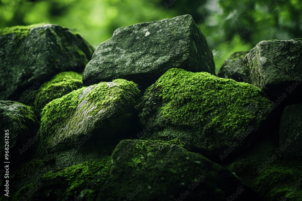 A close-up view of moss-covered stones, showcasing the beauty of nature and textures in a serene green environment. A close-up view of moss-covered stones, showcasing the beauty of nature and textures in a serene green environment.
