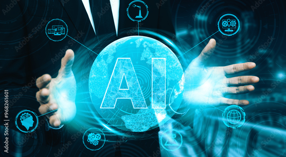 AI Learning and Artificial Intelligence Concept - Icon Graphic Interface showing computer, machine thinking and AI Artificial Intelligence of Digital Robotic Devices. uds AI Learning and Artificial Intelligence Concept - Icon Graphic Interface showing computer, machine thinking and AI Artificial Intelligence of Digital Robotic Devices. uds