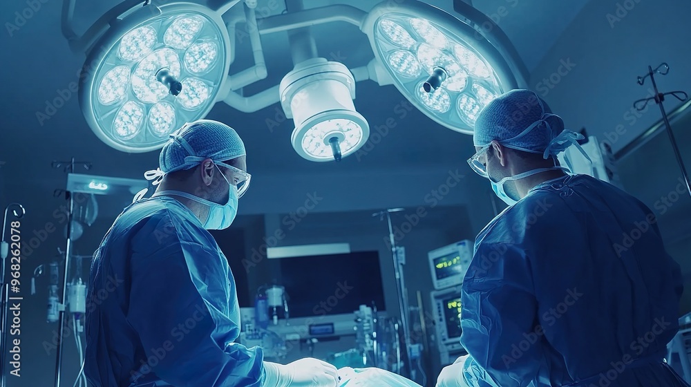 Two surgeons are performing a surgery in a hospital Two surgeons are performing a surgery in a hospital