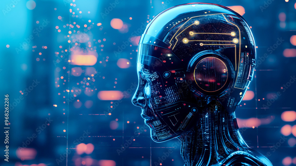 AI, artificial intelligence concept. image showcases futuristic robotic head with intricate circuitry and glowing elements, symbolizing intersection of technology and artificial intelligence AI, artificial intelligence concept. image showcases futuristic robotic head with intricate circuitry and glowing elements, symbolizing intersection of technology and artificial intelligence