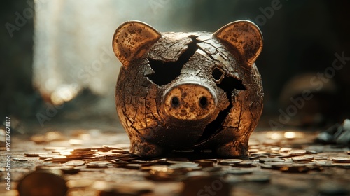 A cracked piggy bank surrounded by scattered coins, symbolizing broken savings and financial struggles. photo