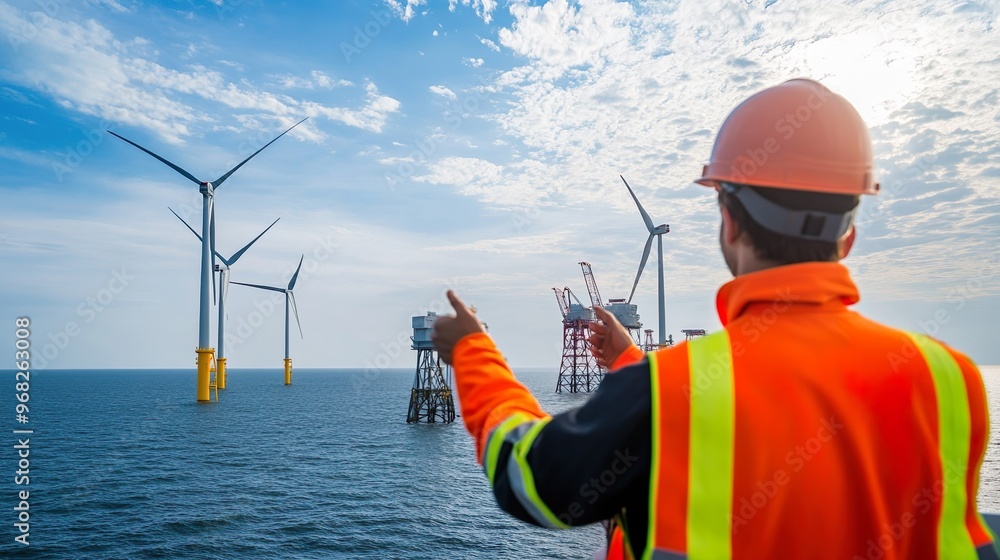 A man in a safety vest points at a group of wind turbines in the ocean A man in a safety vest points at a group of wind turbines in the ocean