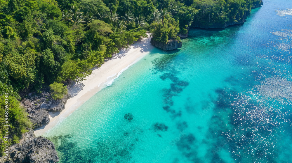 Tropical beach with clear blue waters and rich greenery from above, aerial shot capturing the beauty of a remote island, paradise coastline Tropical beach with clear blue waters and rich greenery from above, aerial shot capturing the beauty of a remote island, paradise coastline