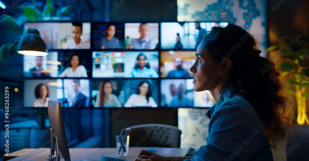 A woman participates in remote team video conference, emphasizing teamwork and collaboration. background features multiple screens displaying team members engaged in discussion, creating dynamic and c A woman participates in remote team video conference, emphasizing teamwork and collaboration. background features multiple screens displaying team members engaged in discussion, creating dynamic and c