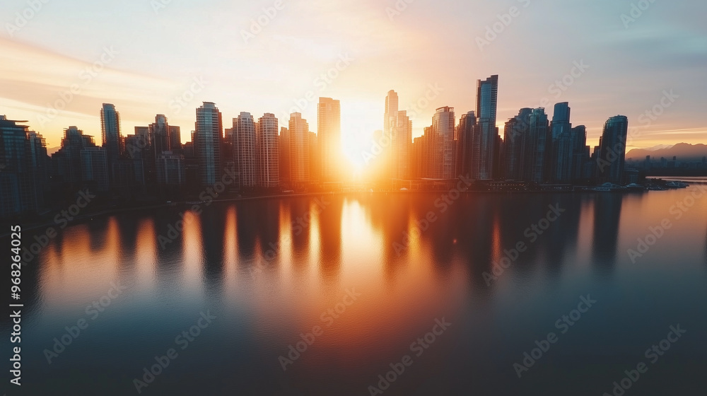 Fototapeta premium Aerial view of a city skyline bathed in golden sunset light, skyscrapers towering over a calm waterfront, peaceful urban evening scene