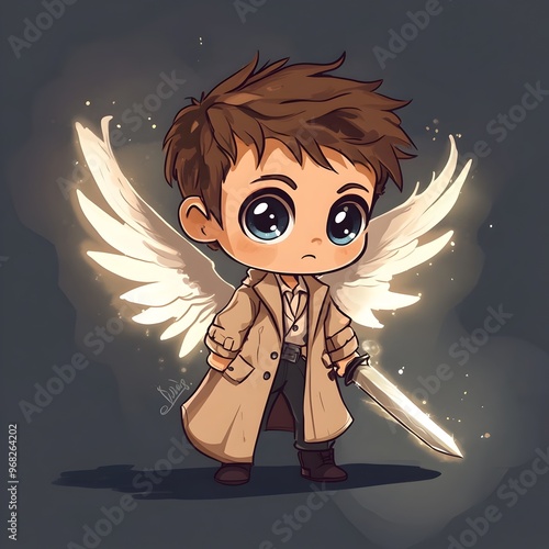 Adorable Cartoon Cherub with Glowing Wings and Halo