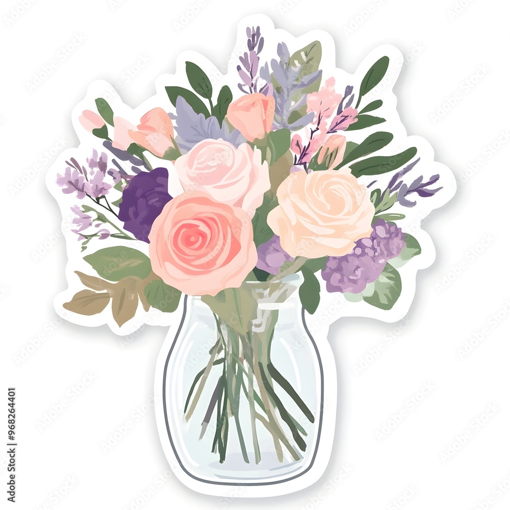 Romantic Floral Bouquet in Glass Vase with Roses Peonies and Lavender Romantic Floral Bouquet in Glass Vase with Roses Peonies and Lavender