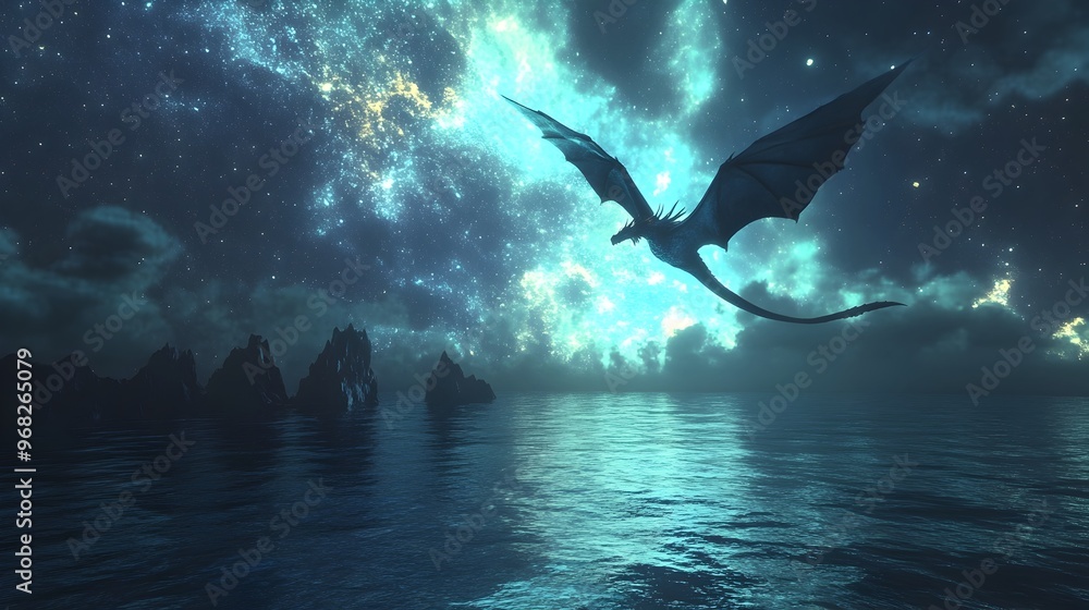 Obraz premium Majestic Winged Creature Soaring over Ethereal Seascape at Starry Night