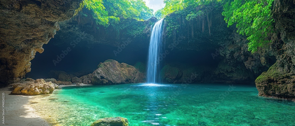 Fototapeta premium Waterfall cascading into a secluded turquoise lagoon within a cave