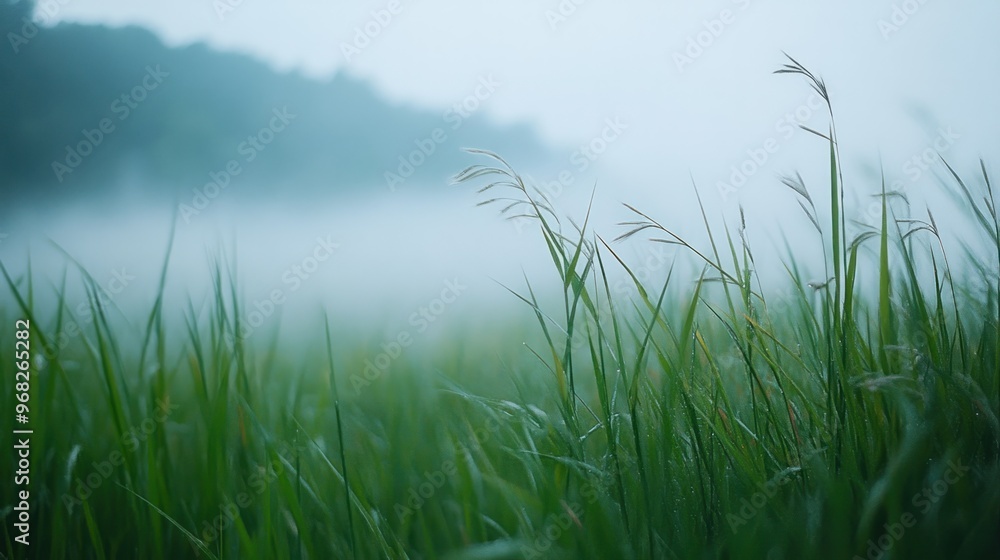 Obraz premium Out-of-focus close-up of tall green grass with a light fog in the distance.