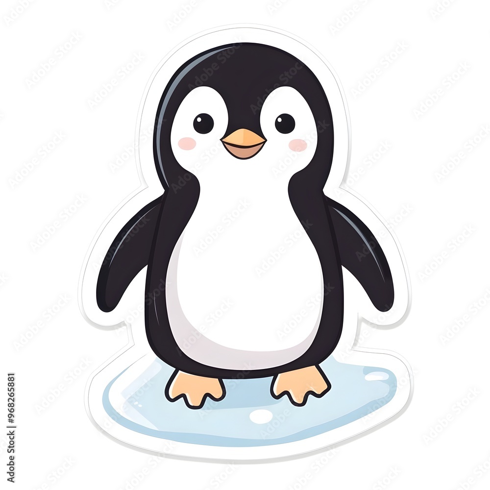Fototapeta premium Cute Cartoon Penguin Character on Ice Floe in Arctic or Antarctic Winter Landscape