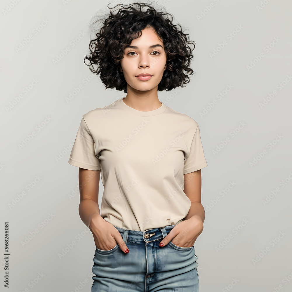 A young woman of Middle Eastern descent stands confidently with her hands in her pockets, wearing a beige t-shirt and blue jeans against a light gray background. A young woman of Middle Eastern descent stands confidently with her hands in her pockets, wearing a beige t-shirt and blue jeans against a light gray background.