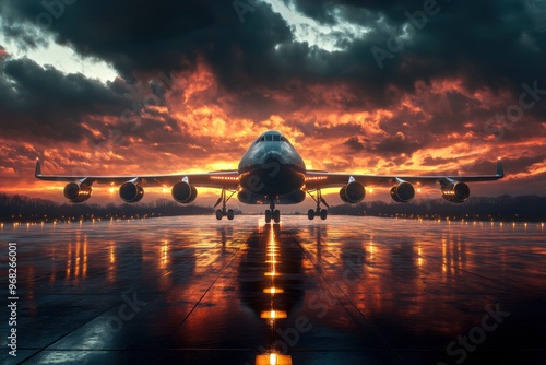 A majestic airplane at sunset, reflecting vibrant colors on a wet runway, symbolizing travel and adventure. photo