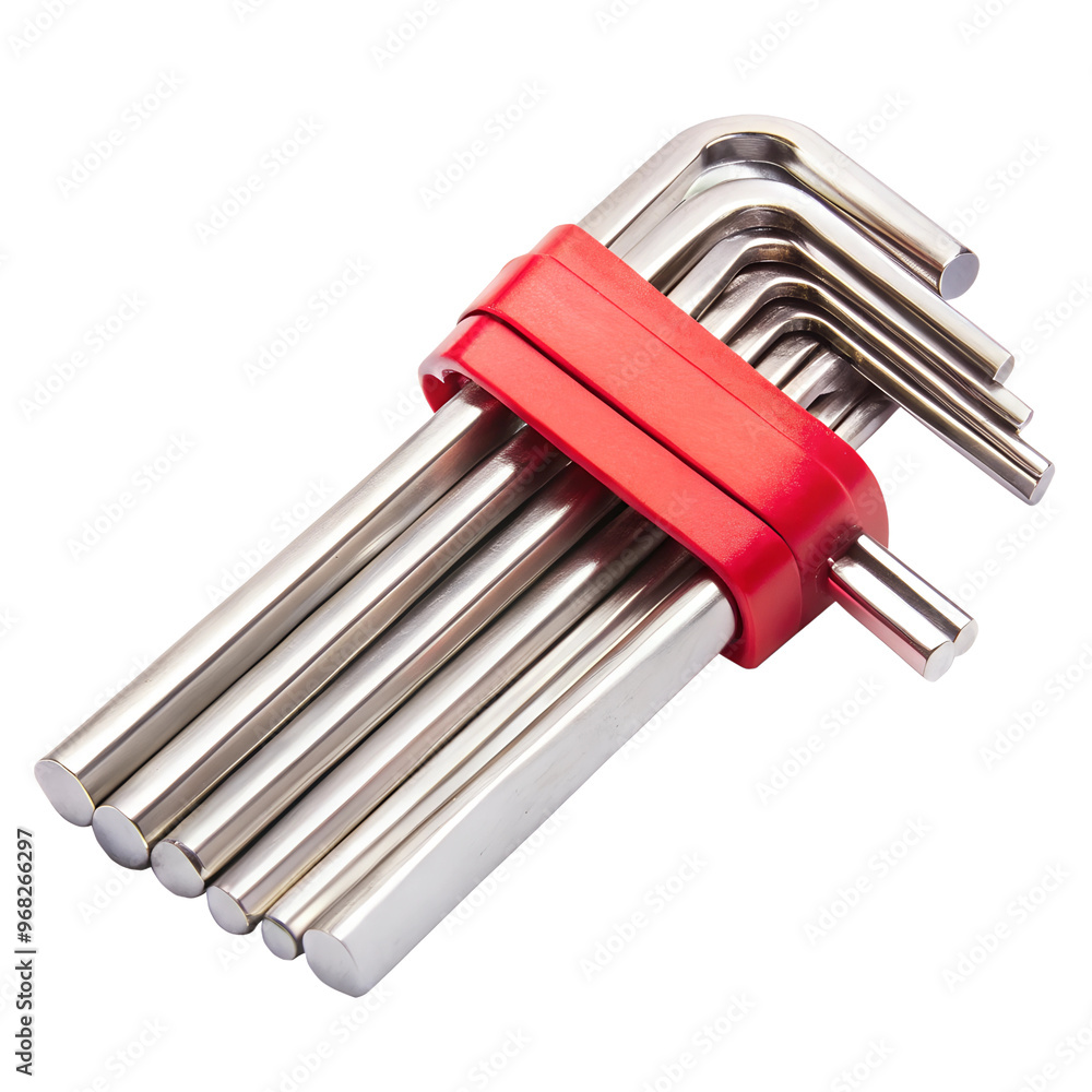 High-quality set of stainless steel hex keys in organizer holder. Transparent or white isolated background. High-quality set of stainless steel hex keys in organizer holder. Transparent or white isolated background.