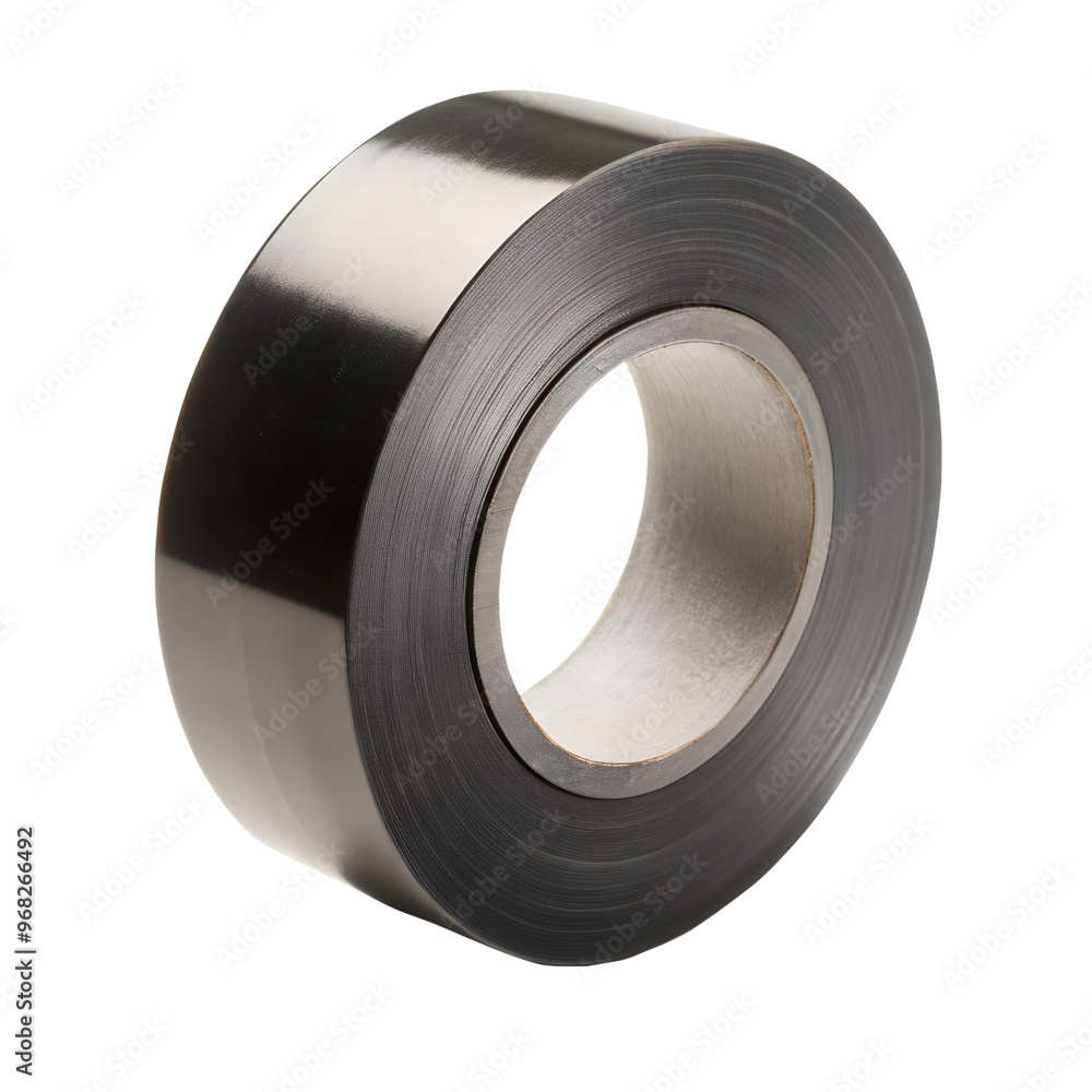 A roll of black adhesive tape sitting on a white background. Transparent or white isolated background. A roll of black adhesive tape sitting on a white background. Transparent or white isolated background.