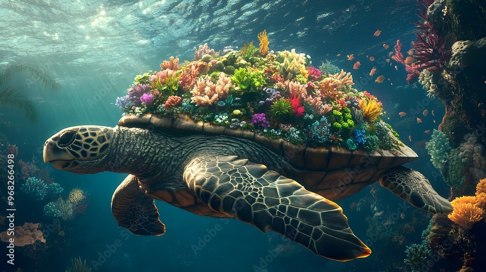 Fototapeta premium Majestic Sea Turtle Gliding Through Vibrant Coral Reef Underwater Seascape