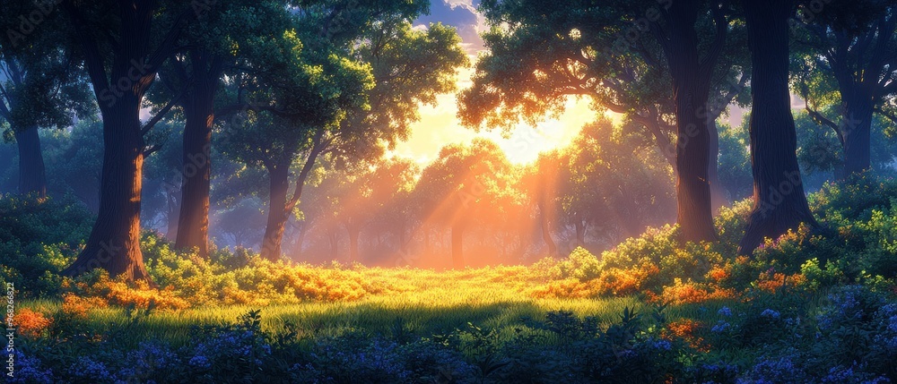 Sunbeams Illuminating a Forest Path Through Tall Trees and Flowers Sunbeams Illuminating a Forest Path Through Tall Trees and Flowers