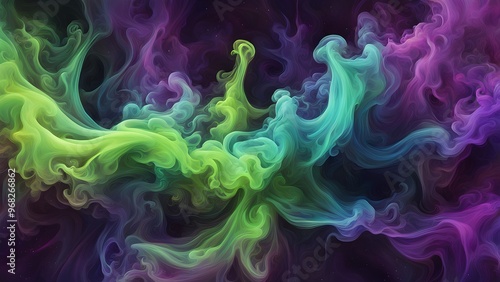 Abstract colorful smoke swirls on a black background.