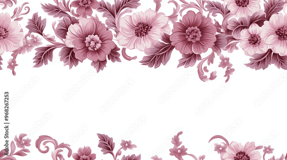 Intricate floral border pattern in soft pink tones, swirling vines and flowers in an embroidered style, classic and decorative, seamless pattern Intricate floral border pattern in soft pink tones, swirling vines and flowers in an embroidered style, classic and decorative, seamless pattern