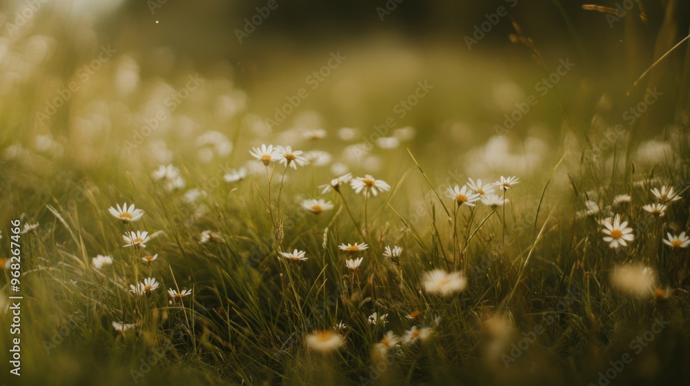 Fototapeta premium Out-of-focus grass with delicate white wildflowers scattered throughout.