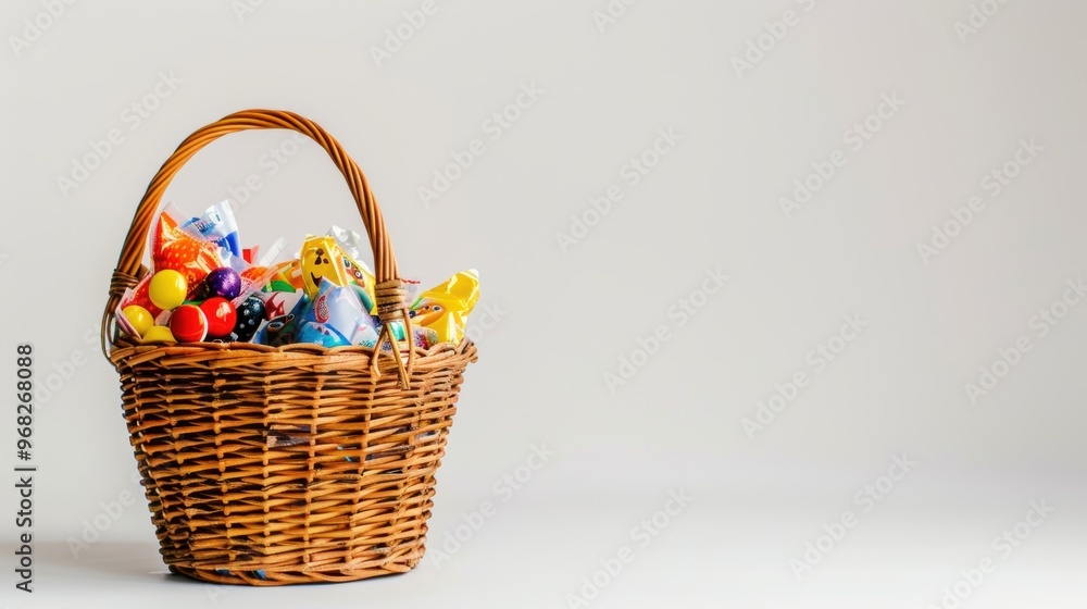 Wicker basket overflowing with colorful wrapped candy on white background Wicker basket overflowing with colorful wrapped candy on white background