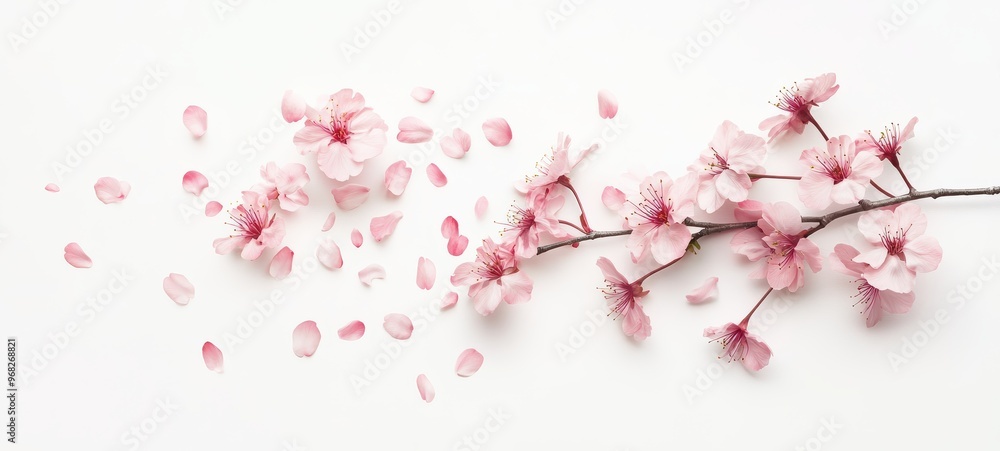 A single cherry blossom branch, adorned with soft pink flowers in full bloom A single cherry blossom branch, adorned with soft pink flowers in full bloom