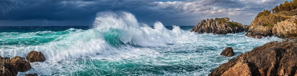 dramatic scene at the beach with waves crashing in the background, while the foreground is calm. The sky is overcast, suggesting a stormy day. dramatic scene at the beach with waves crashing in the background, while the foreground is calm. The sky is overcast, suggesting a stormy day.