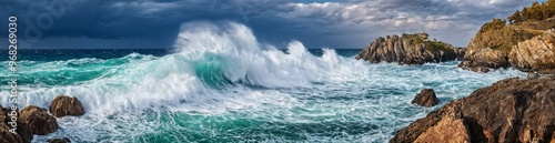 dramatic scene at the beach with waves crashing in the background, while the foreground is calm. The sky is overcast, suggesting a stormy day.