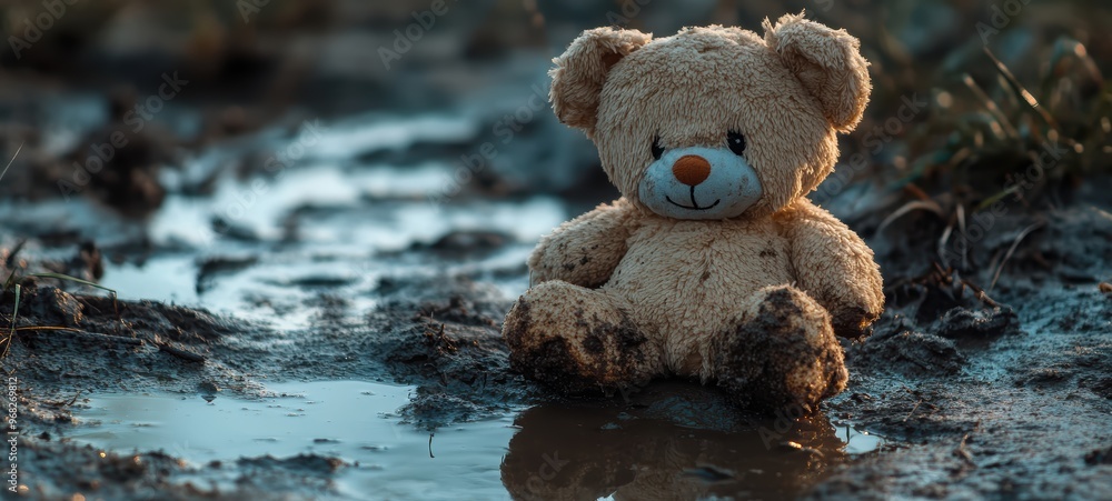 A soft, plush toy discarded in a muddy puddle, once cherished, now forgotten and dirtied A soft, plush toy discarded in a muddy puddle, once cherished, now forgotten and dirtied