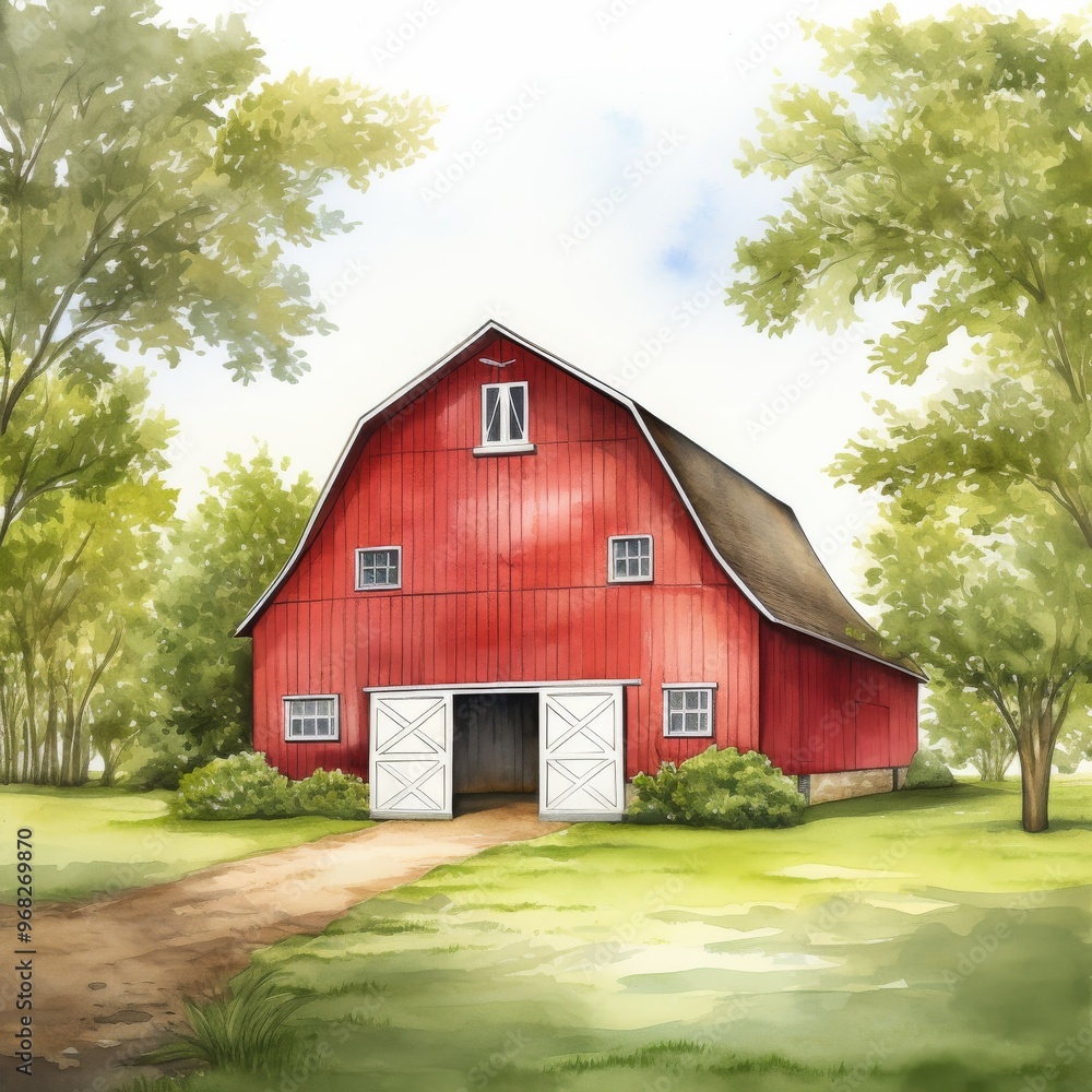 Rustic Red Barn Illustration Surrounded by Lush Greenery on a Sunny Day Rustic Red Barn Illustration Surrounded by Lush Greenery on a Sunny Day