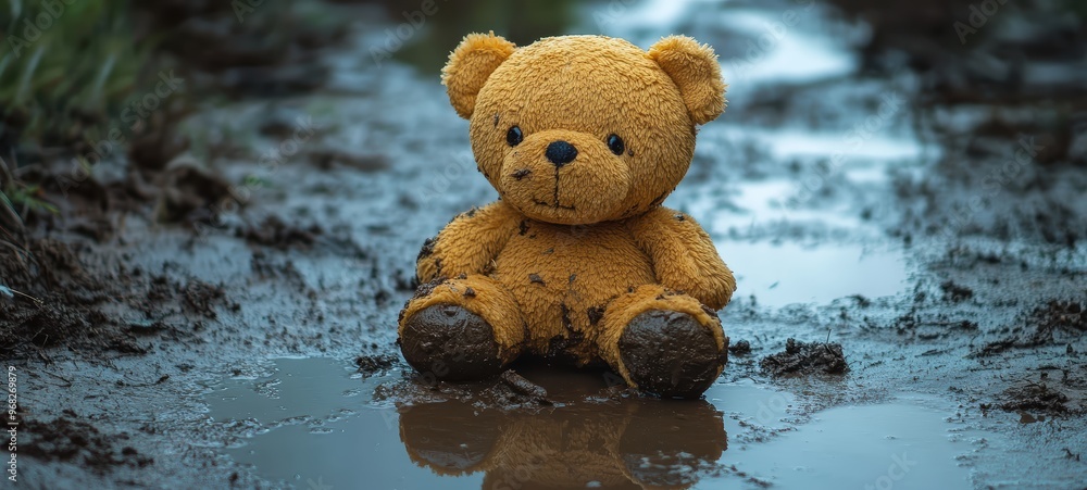 A soft, plush toy discarded in a muddy puddle, once cherished, now forgotten and dirtied A soft, plush toy discarded in a muddy puddle, once cherished, now forgotten and dirtied