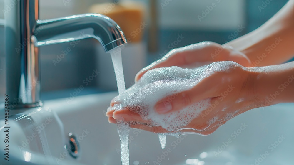 Fototapeta premium woman washing hands with tap and soap in bathroom