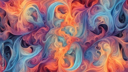 Abstract background with swirling blue, orange, and purple smoke-like patterns.