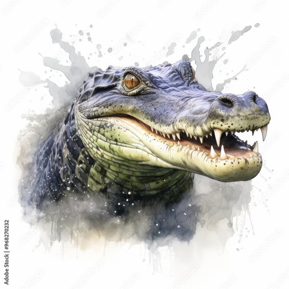 Obraz premium Watercolor Illustration of a Fierce Alligator Head with Splash Effects, Detailed Artistic Animal Painting for Nature Enthusiasts and Wildlife Art Collectors.