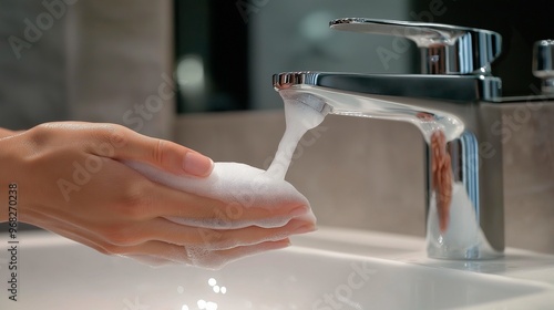 woman washing hands with tap and soap in bathroom