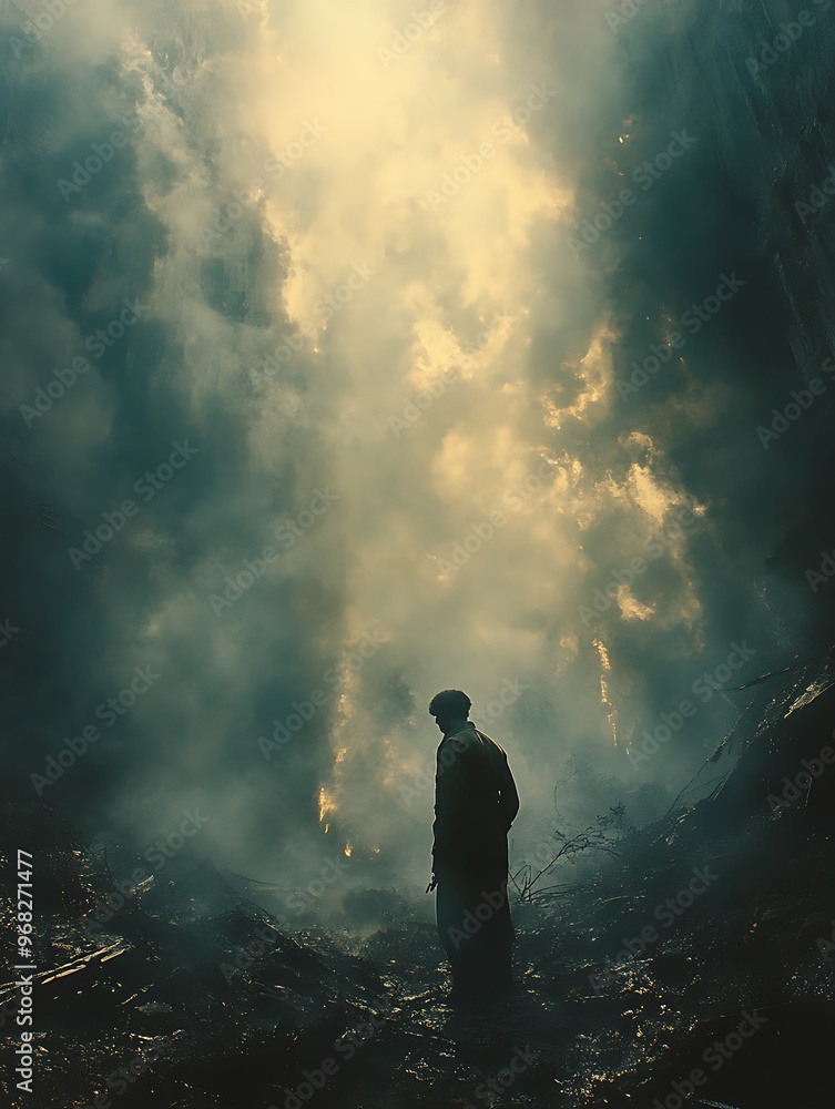 A lone figure stands amidst a dense fog, silhouetted against a ray of sunlight breaking through the clouds. A lone figure stands amidst a dense fog, silhouetted against a ray of sunlight breaking through the clouds.
