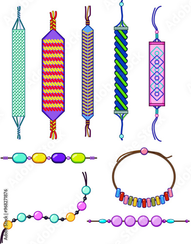 friendship bracelet set cartoon. colorful beads, thread patterns, craft gift friendship bracelet sign. isolated symbol vector illustration