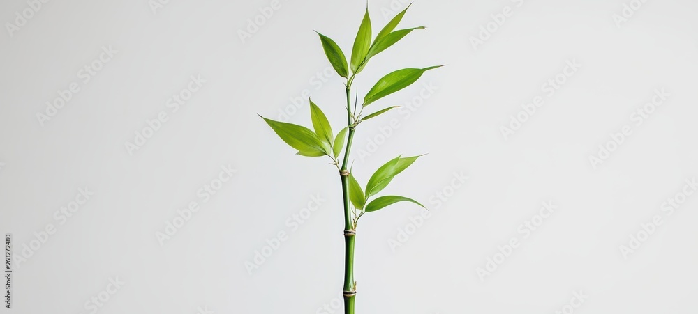 Fototapeta premium A tall, slender bamboo stalk with fresh green leaves sprouting at regular intervals