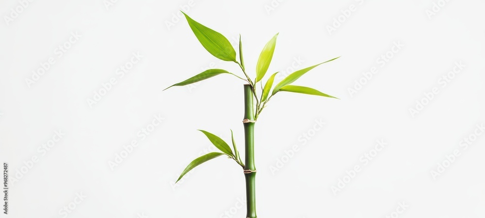 Fototapeta premium A tall, slender bamboo stalk with fresh green leaves sprouting at regular intervals
