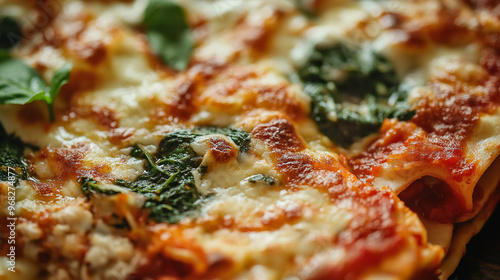 a close-up, top-down view of spinach lasagna, filling the entire frame with the focus on the layers of pasta and spinach