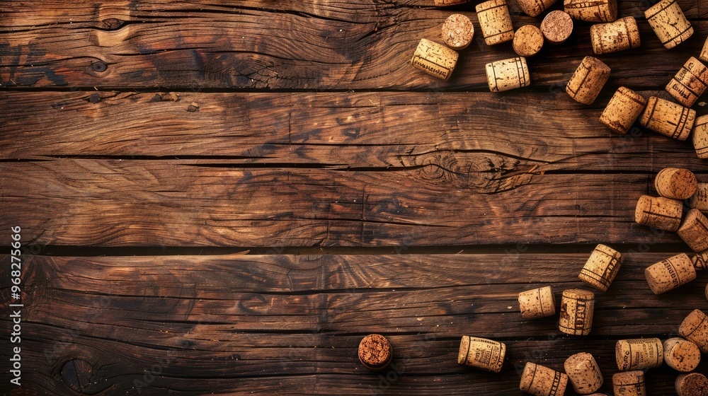 Corks for wine or champagne on wooden background with space for holiday message