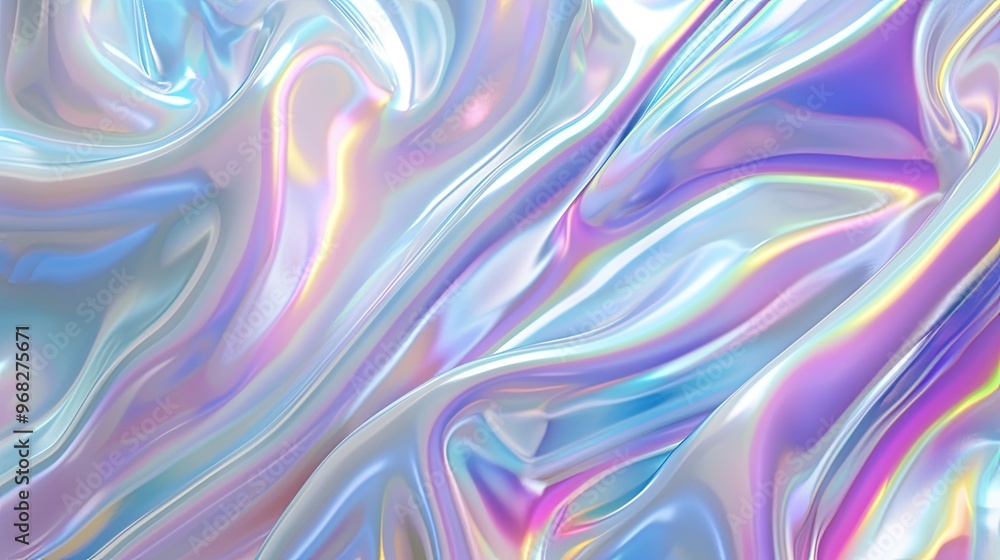 Fototapeta premium A smooth, iridescent surface with flowing patterns in pastel colors, creating a dreamy and abstract aesthetic.