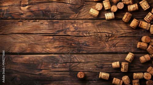 Obraz na płótnie Corks for wine or champagne on wooden background with space for holiday message w salonie