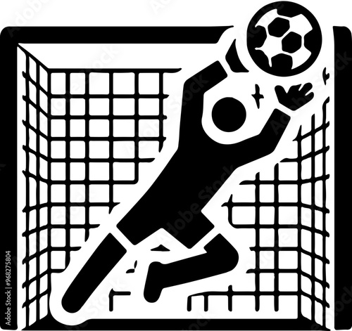 white icon depicting a soccer goalkeeper jumping to catch the ball in front of a goal with a square net