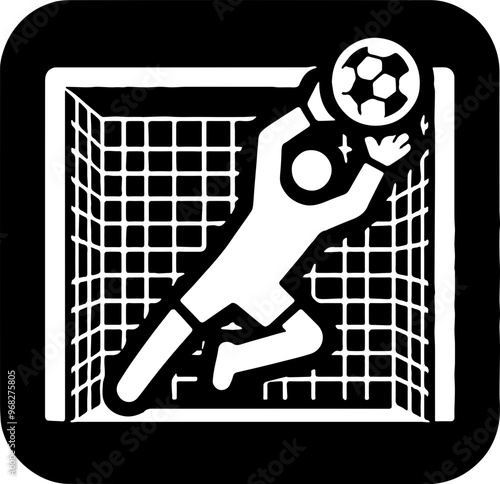 white icon depicting a soccer goalkeeper jumping to catch the ball in front of a goal with a square net