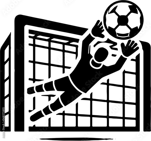 white icon depicting a soccer goalkeeper jumping to catch the ball in front of a goal with a square net