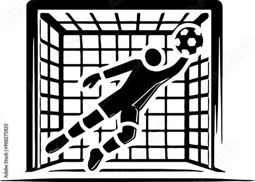 white icon depicting a soccer goalkeeper jumping to catch the ball in front of a goal with a square net