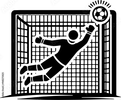 white icon depicting a soccer goalkeeper jumping to catch the ball in front of a goal with a square net