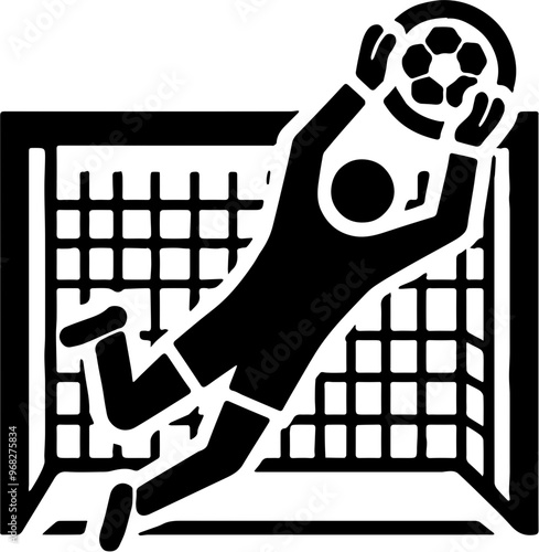white icon depicting a soccer goalkeeper jumping to catch the ball in front of a goal with a square net